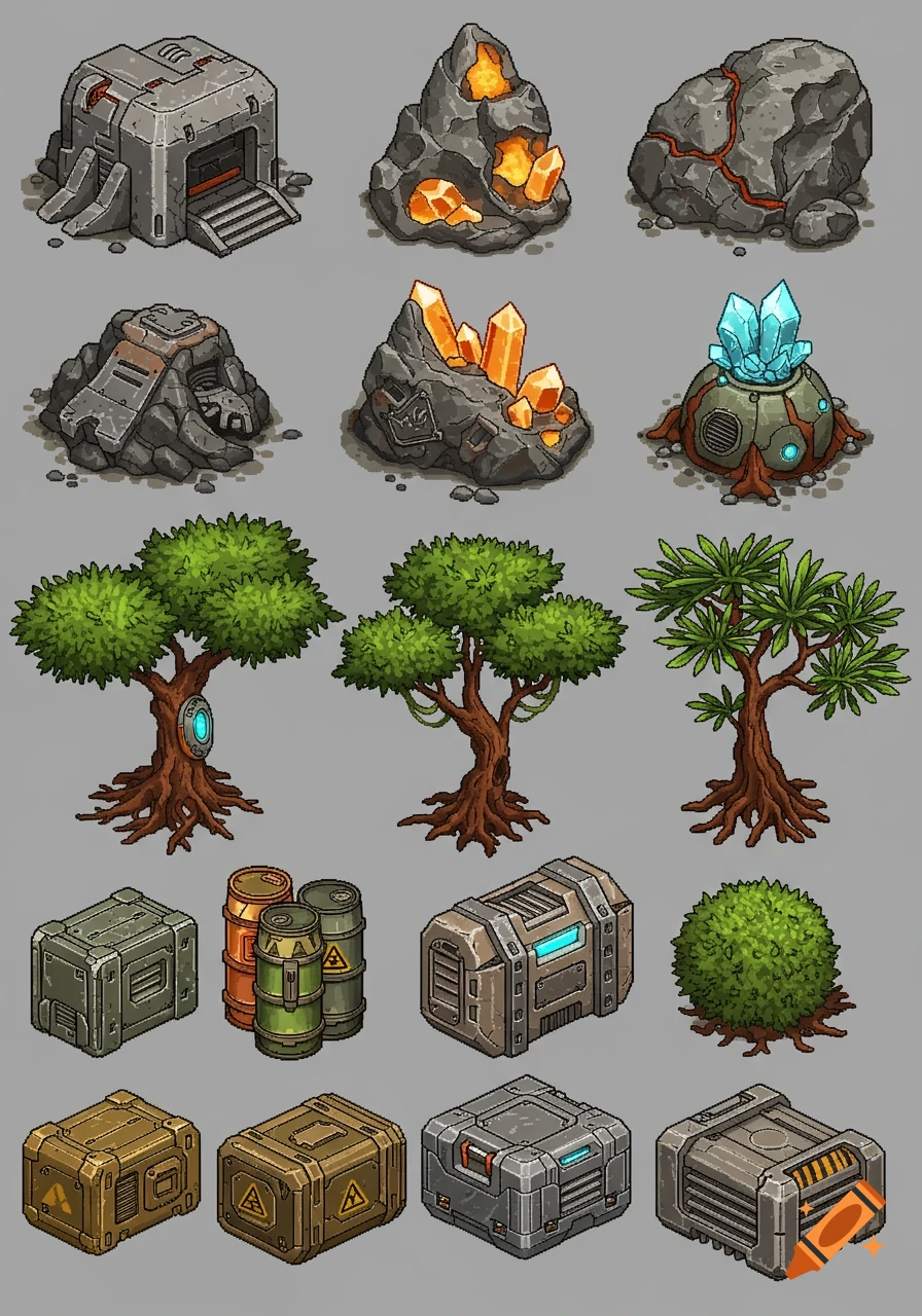 Isometric pixel art spritesheet featuring rows of various sci-fi assets, including rocks with glowing crystals, industrial structures, futuristic trees, hazard-marked barrels, and reinforced crates, all in a rugged, metallic style.