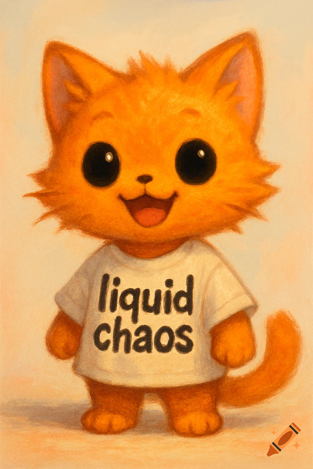 A smiling orange chibi anthropomorphic cat with black dot eyes wears a white t-shirt that says 'liquid chaos'.
