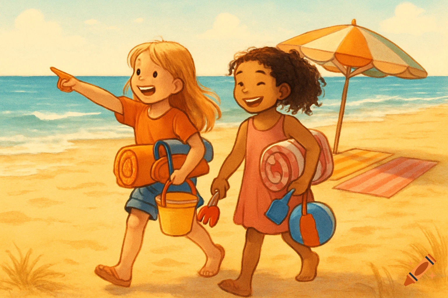Two cheerful cartoon girls walk along a sunny beach with towels and toys; one points towards the blue ocean.