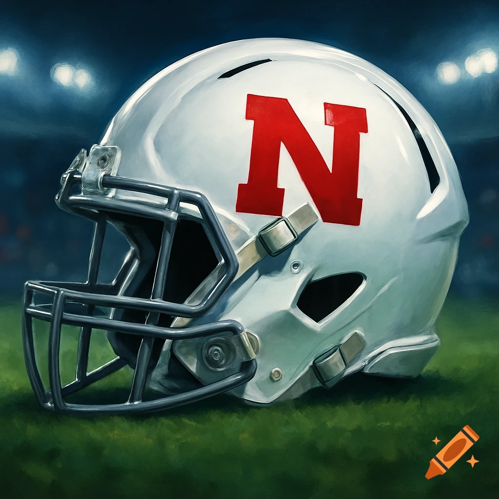A white football helmet with a red letter N on it, set against a blurred stadium background.