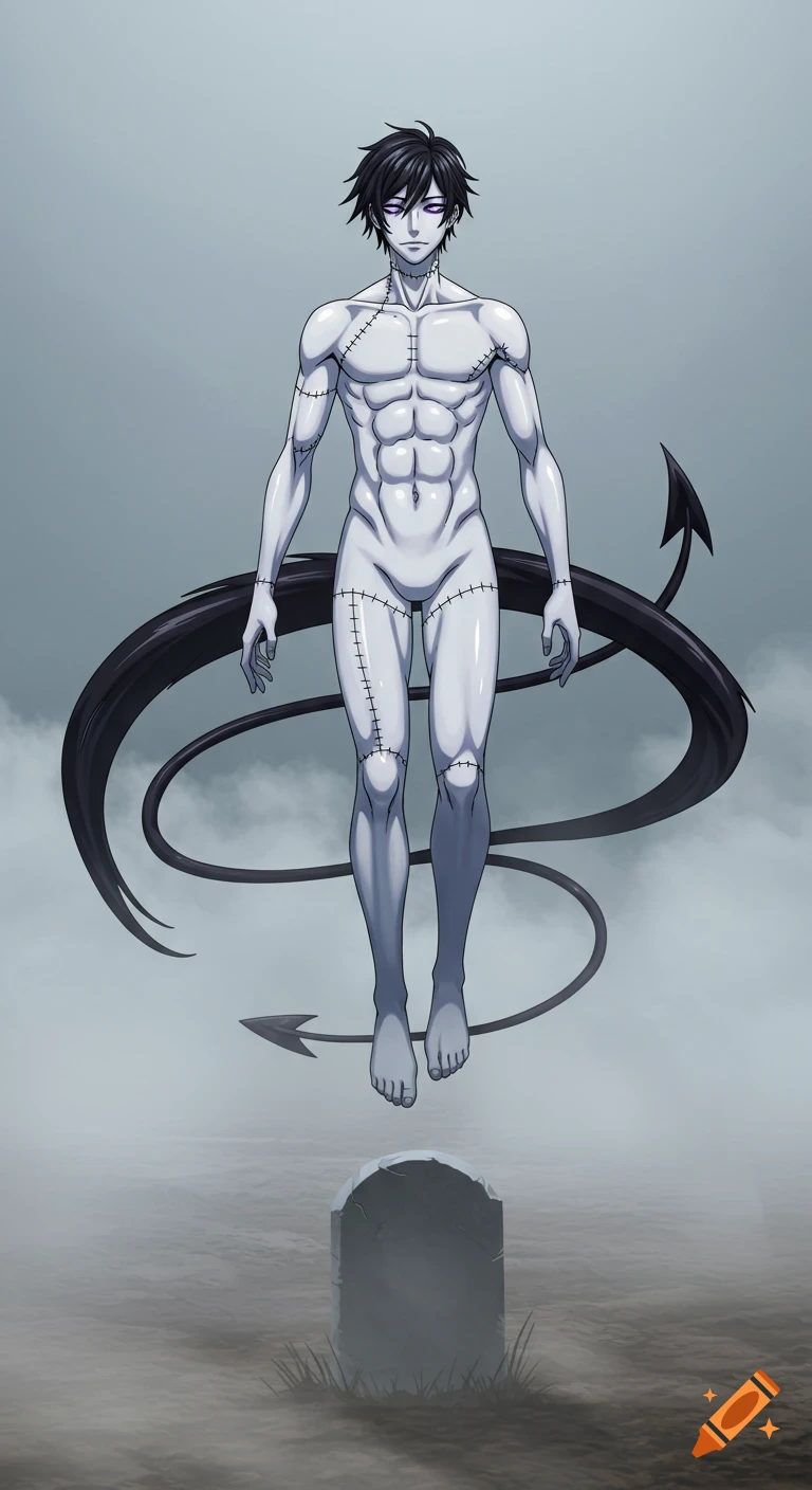 Anime man with white, stitched skin, black hair, and a demon tail floats above a tombstone in a misty landscape.