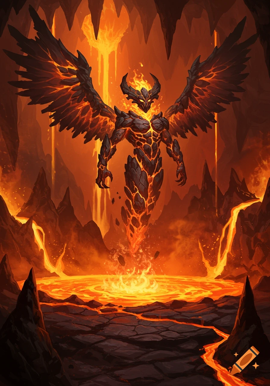 A powerful magma creature with fiery wings and horns stands in a volcanic cave filled with glowing lava.