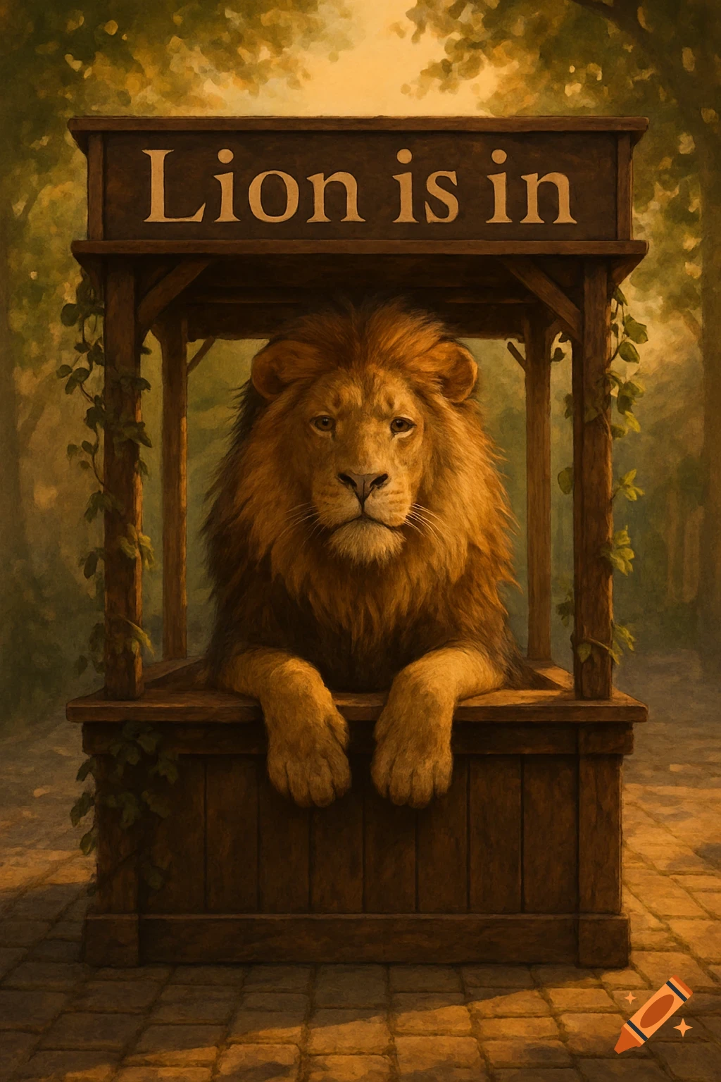 A majestic lion sits in a wooden booth with a 'Lion is in' sign, in a painterly forest setting.