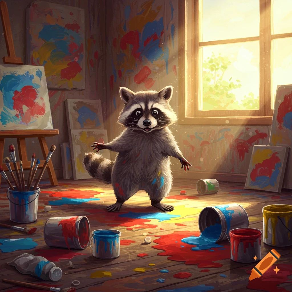 A cartoon raccoon stands in a paint-splattered art studio, surrounded by spilled paint cans and canvases.