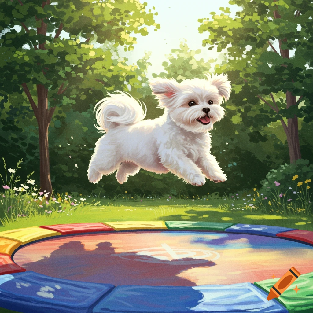 A fluffy white dog leaps over a colorful trampoline in a bright, green park, depicted in a digital art style.