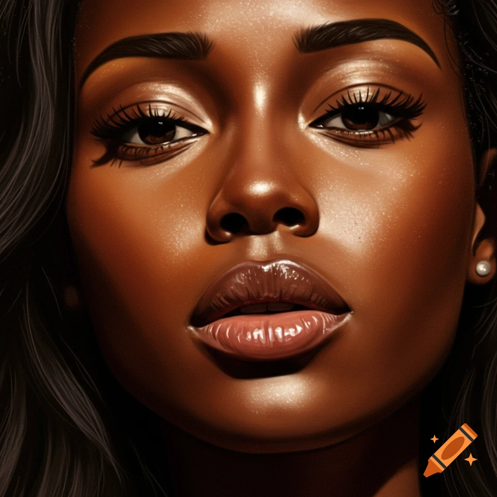 Close-up digital art portrait of a woman with rich brown skin, glossy lips, and dark hair framing her face.