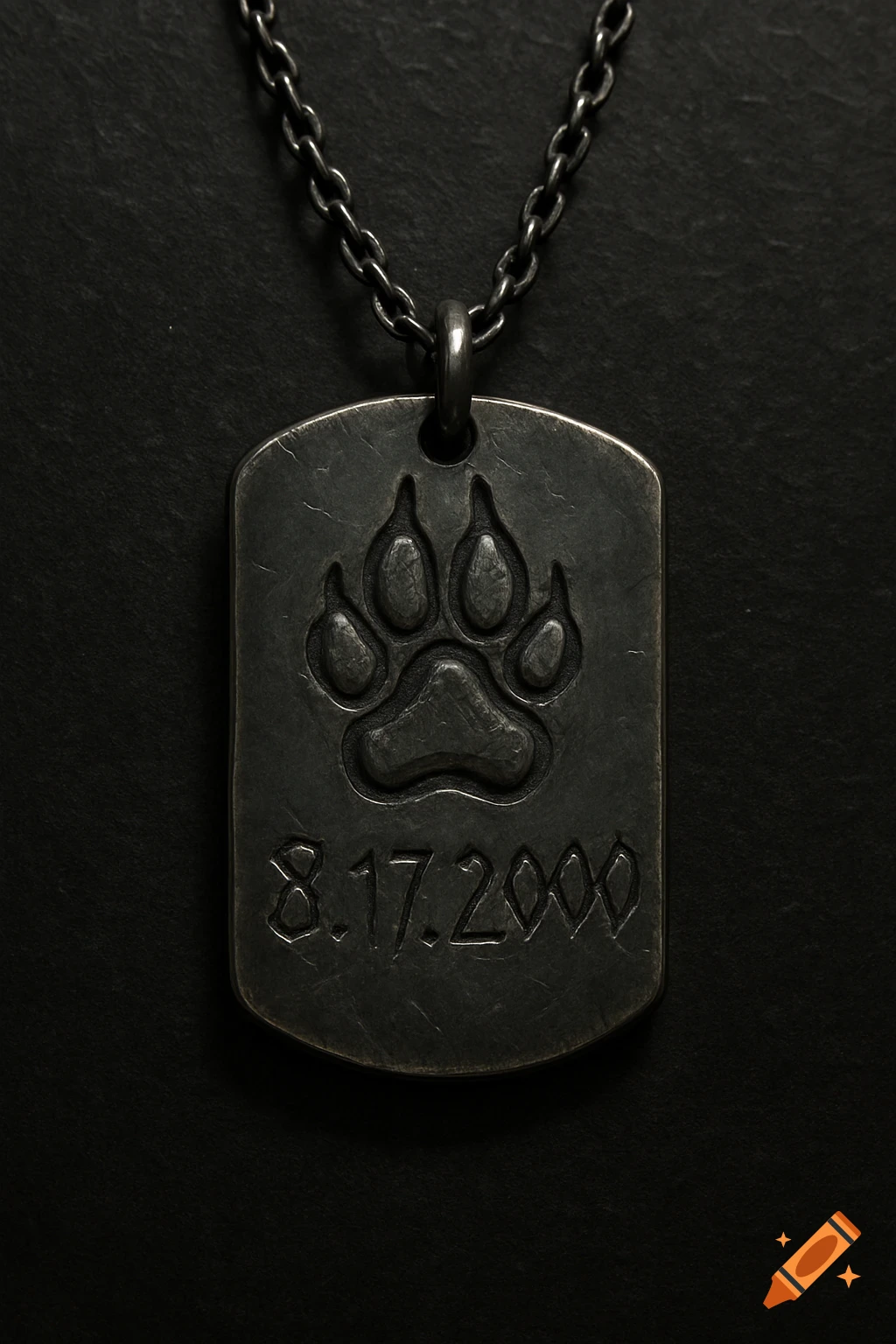 A dark steel dog tag pendant necklace with a wolf paw print and the date 8.17.2000 scratched into it, against a dark background.