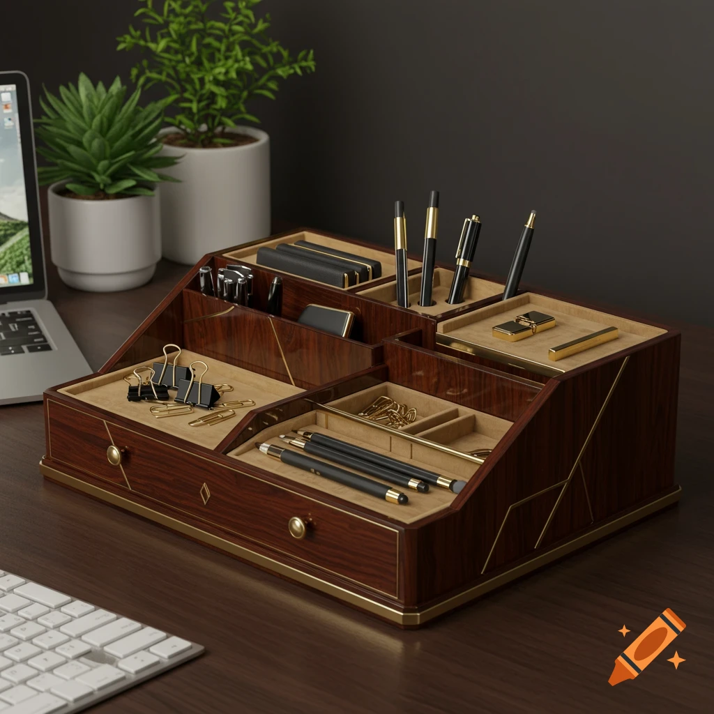 A photorealistic dark wood and gold desk organizer filled with office supplies on a wooden desk.