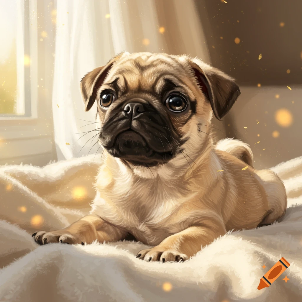 A light brown baby pug with big dark eyes lies on a fluffy white blanket, with golden light particles floating around.