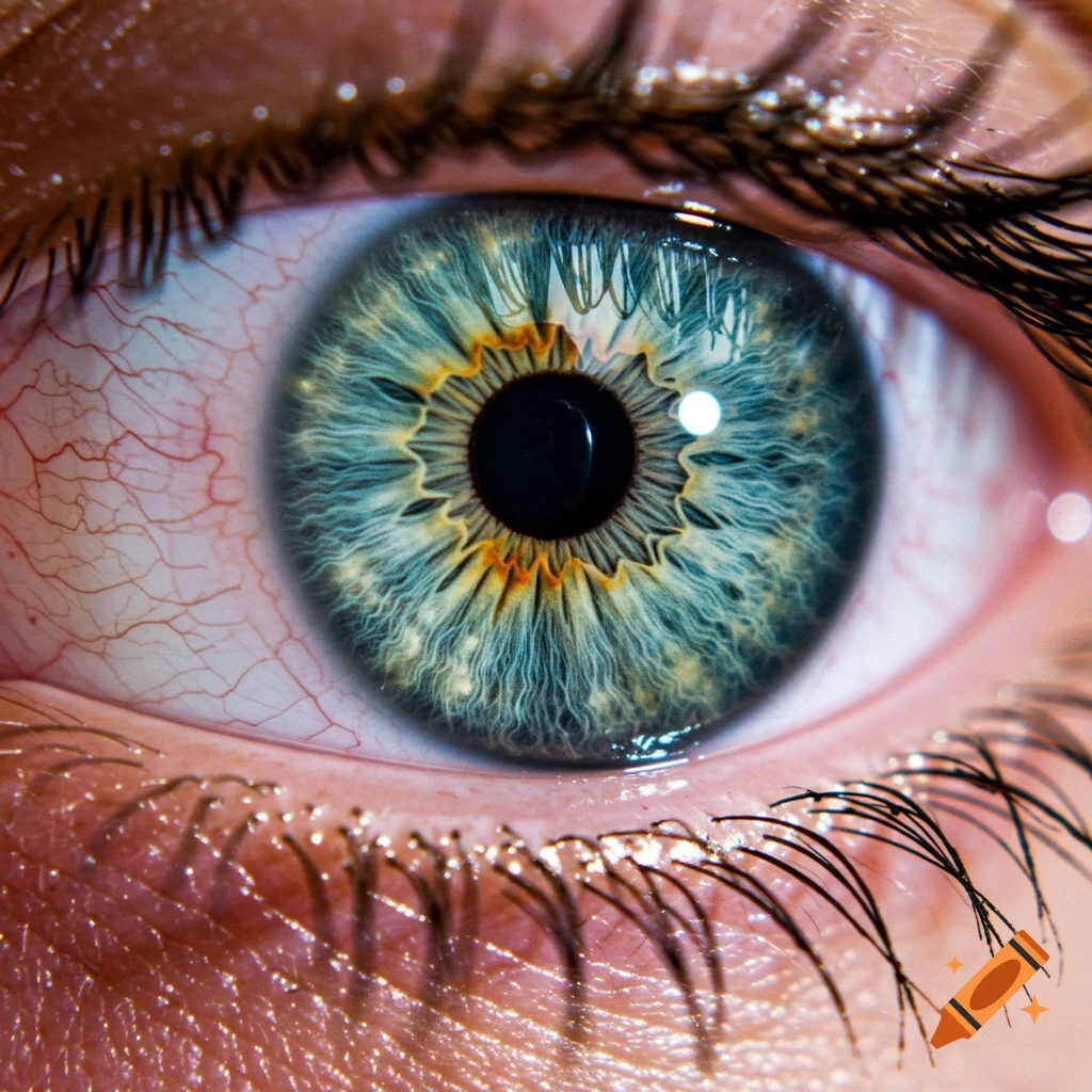 Photorealistic extreme close-up of a human eye with blue-green iris, delicate eyelashes, and visible blood vessels.
