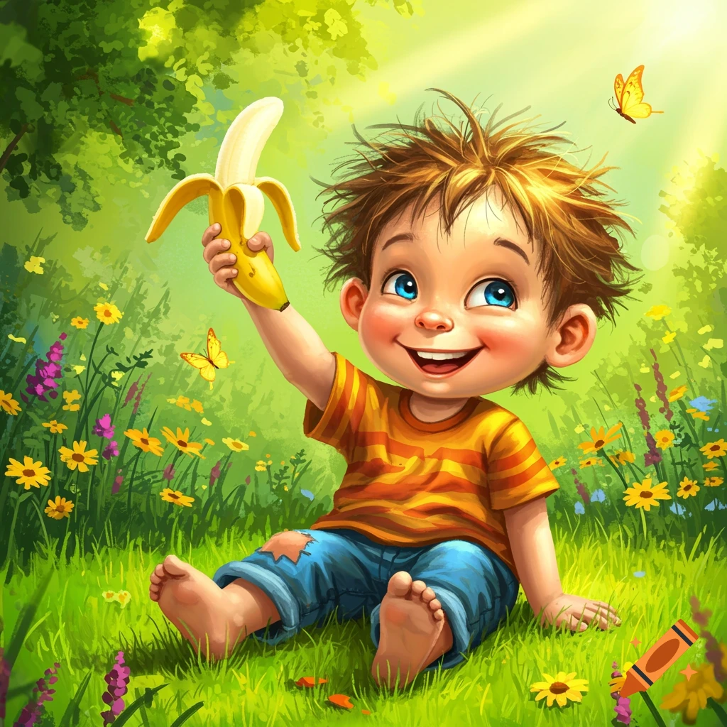 A vibrant cartoon illustration of a smiling boy with messy brown hair sitting in a sunny field, happily holding a peeled banana.