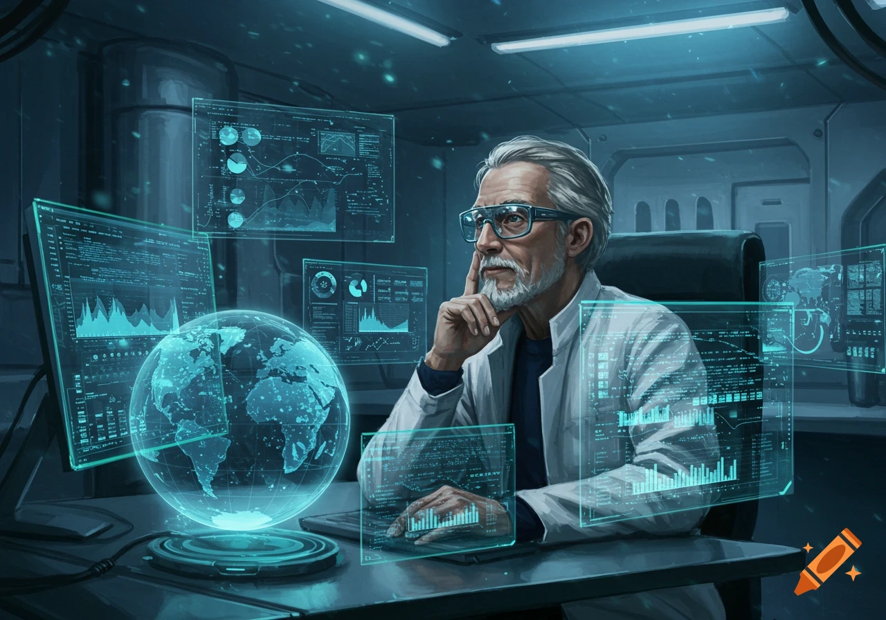 A grey-haired computer scientist in a lab coat observing glowing holographic data screens and a spinning globe in a futuristic lab.