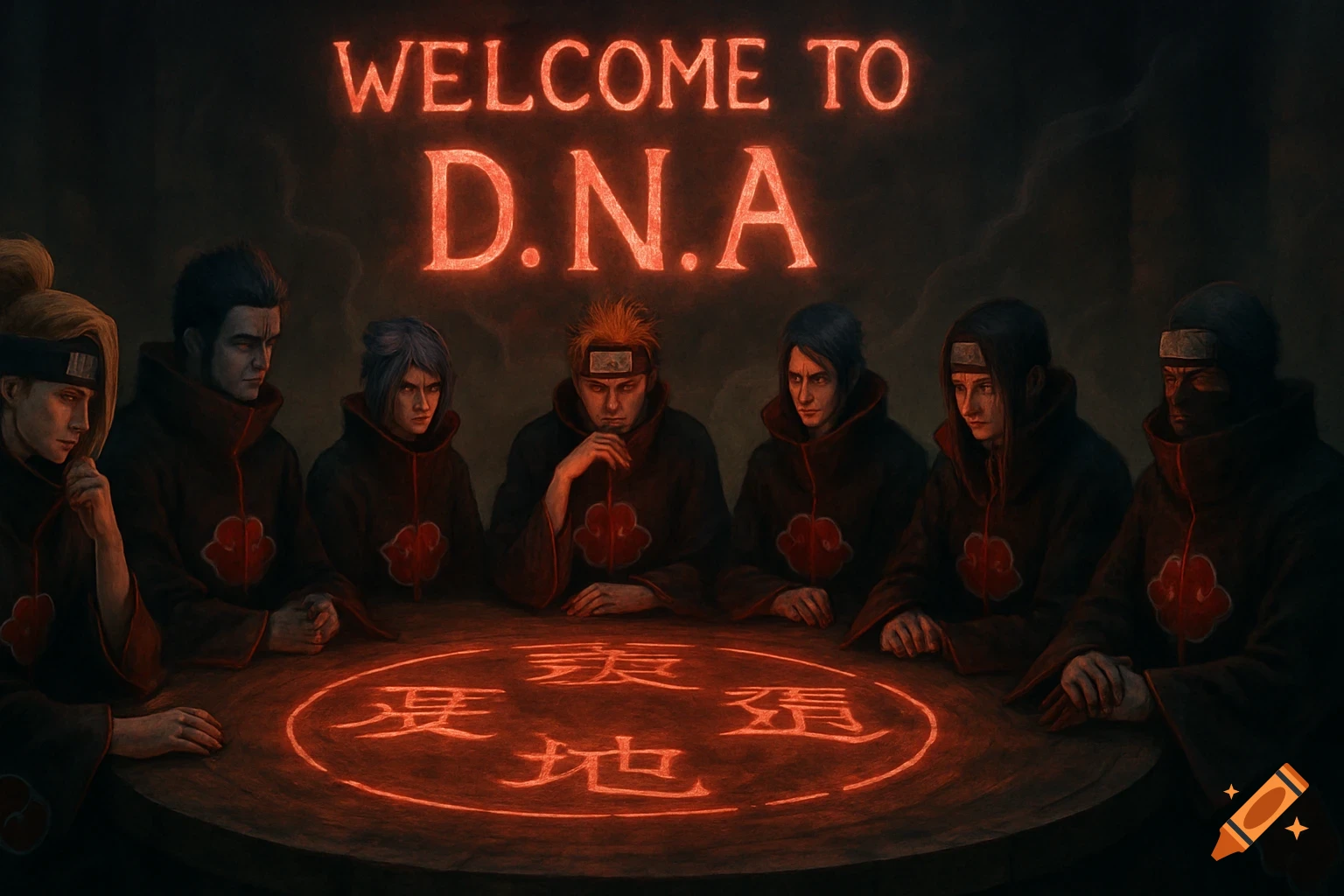 Akatsuki members sit around a glowing red table that displays Japanese characters, with "WELCOME TO D.N.A" glowing above them.