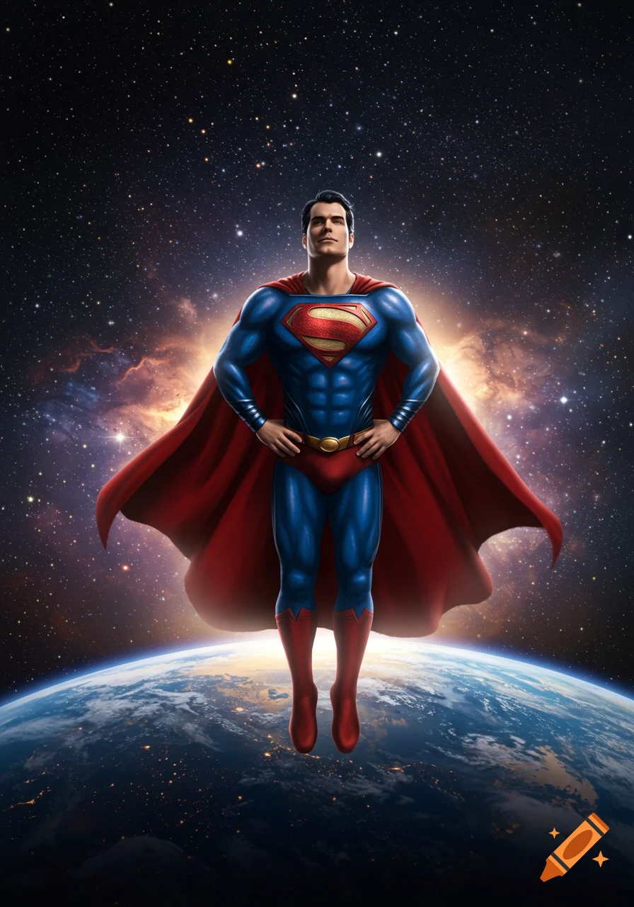 Superman floats above Earth, looking up into the vast, star-filled cosmos with nebulae in the background.