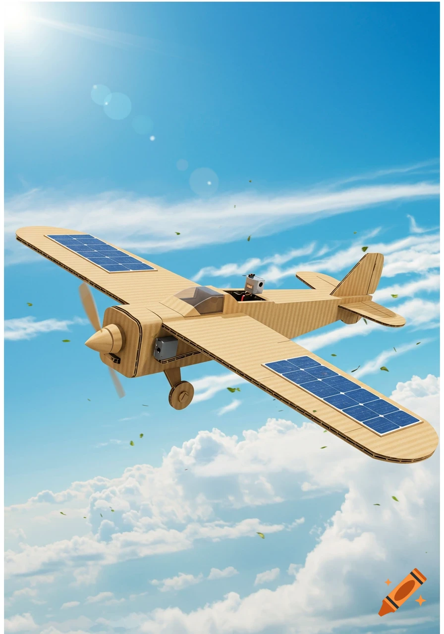 A photorealistic cardboard plane with a propeller and solar panels flying in a blue sky with white clouds.
