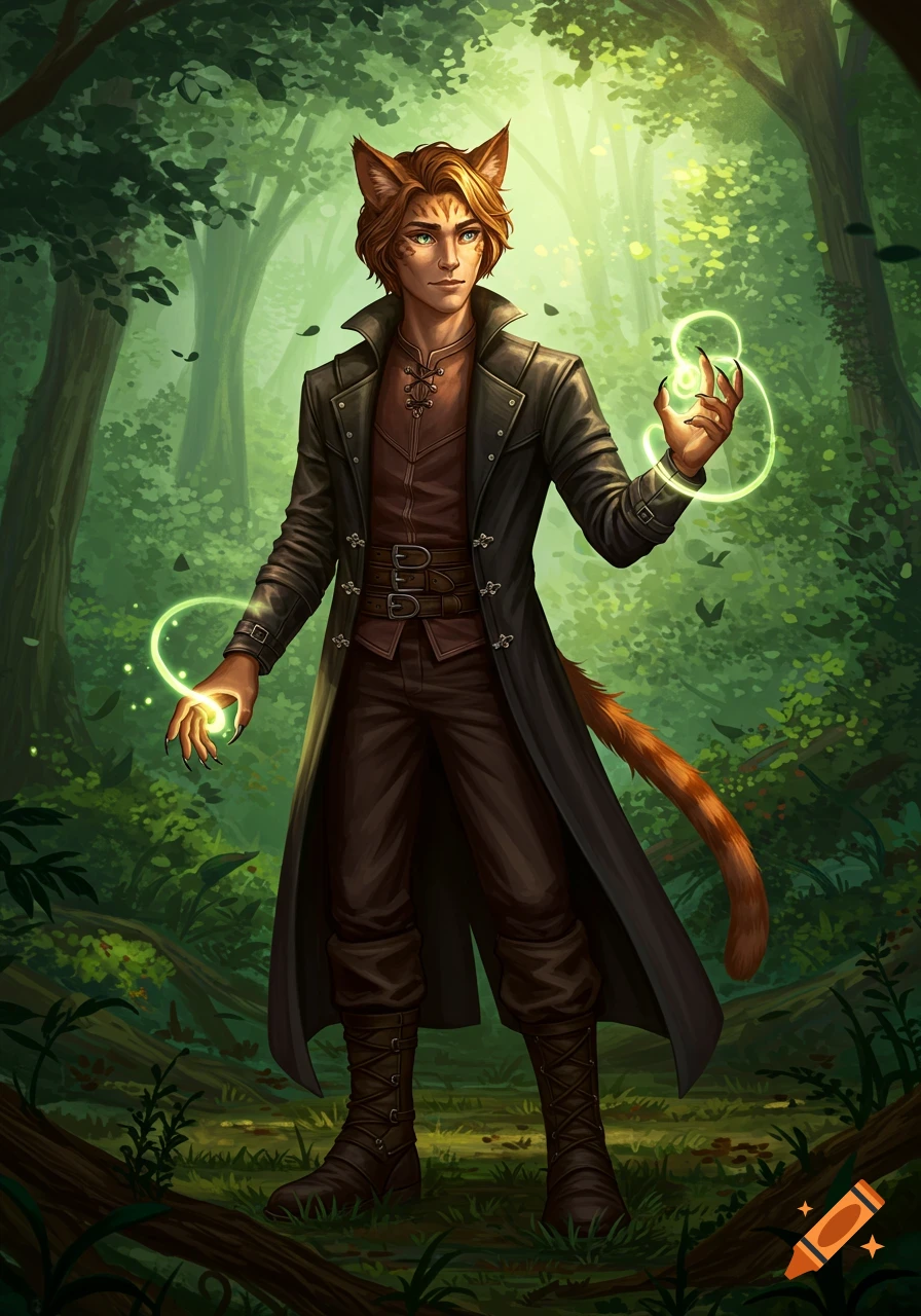 A fantasy cat boy in a dark coat stands in a forest, casting green nature magic from his clawed hands. Digital art.