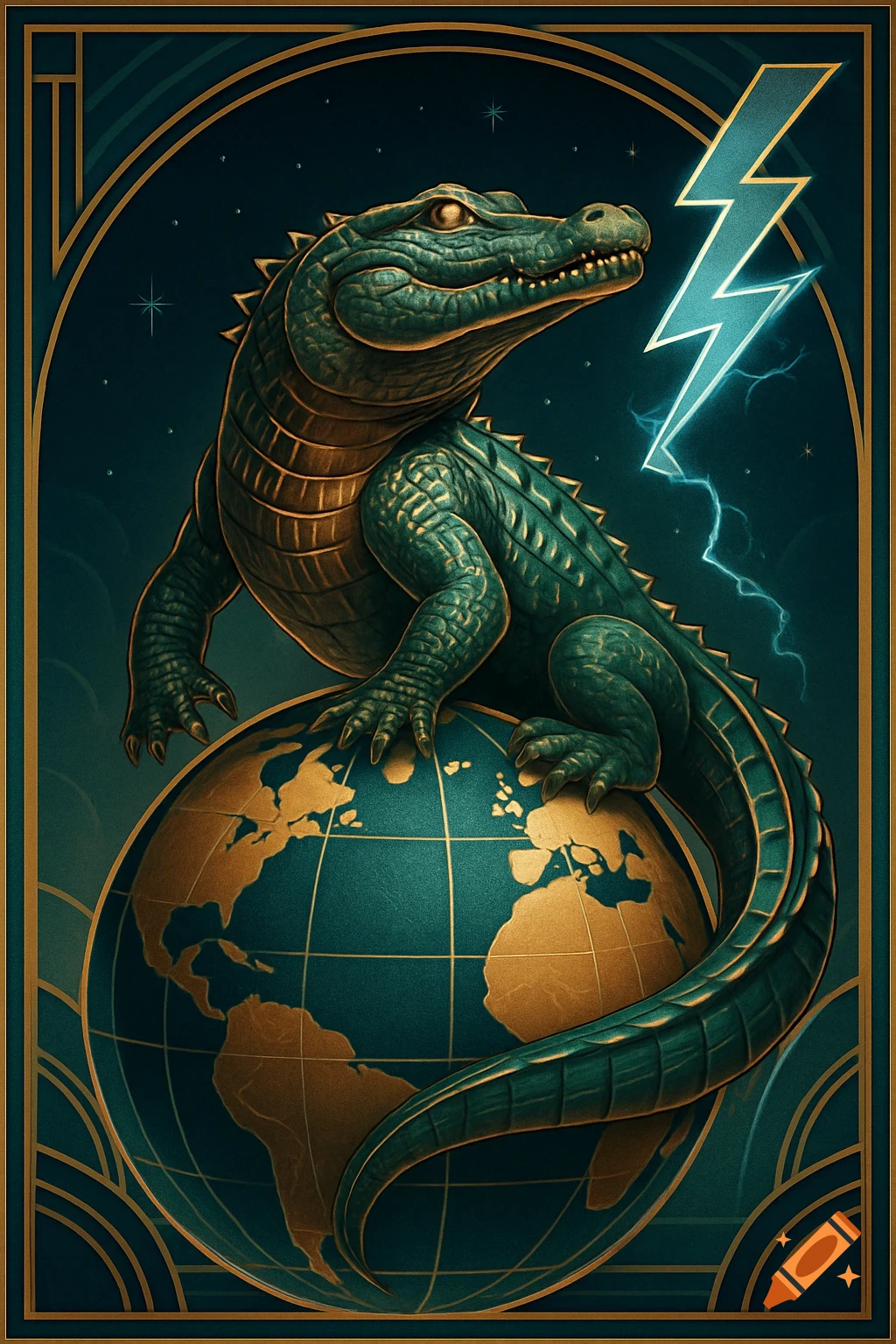 Art Deco illustration of a green alligator standing on a golden and teal globe, with a glowing lightning bolt near its head.