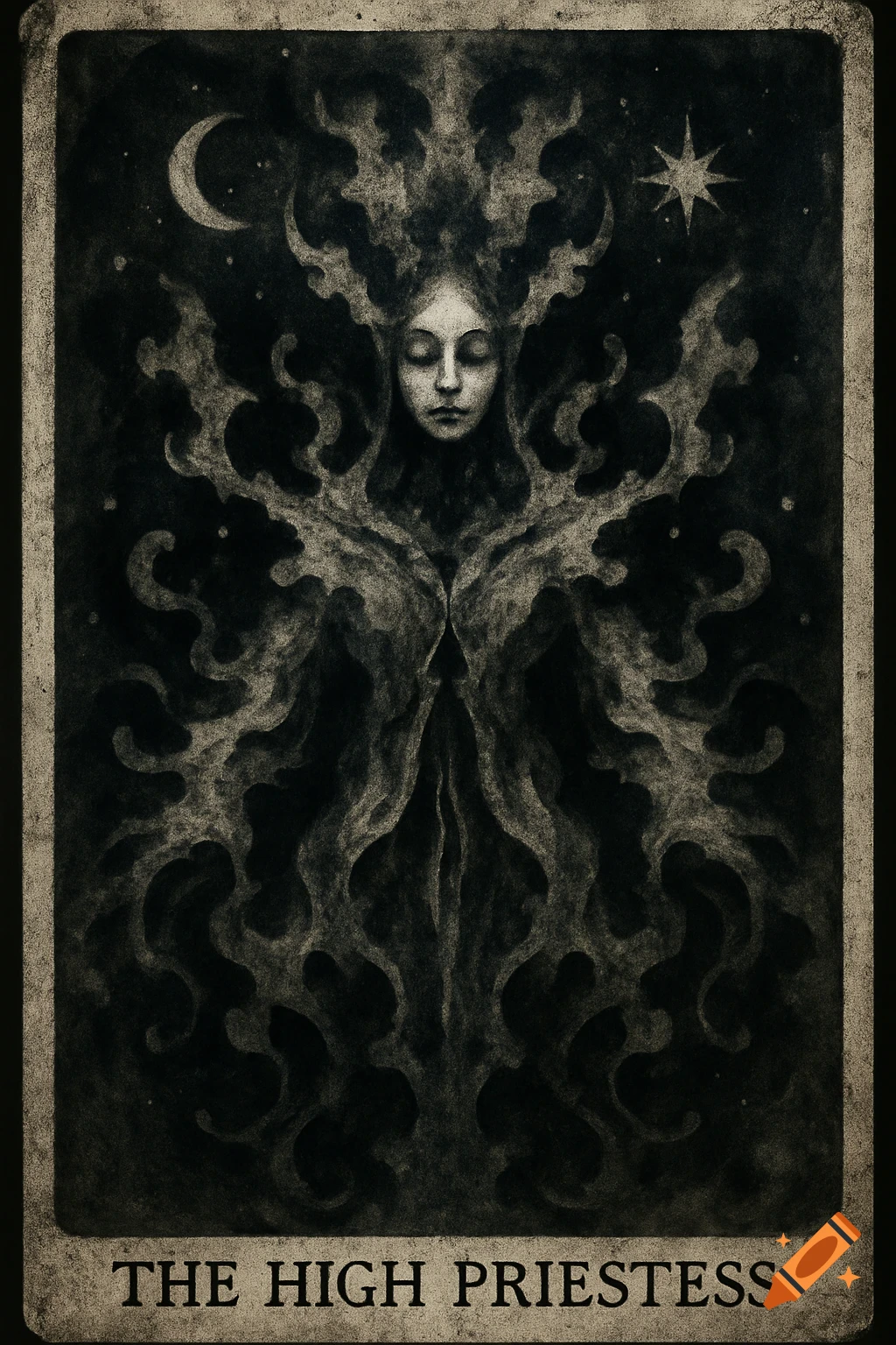 Dark art tarot card of 'The High Priestess' with a ghostly, swirling inkblot figure, a crescent moon, and a star.