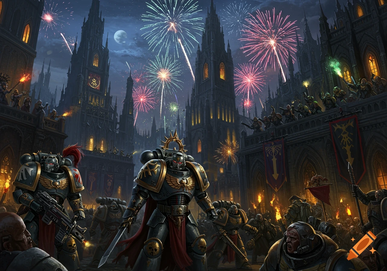 Warhammer 40K Space Marines and soldiers celebrate under fireworks in a grimdark gothic city at night.