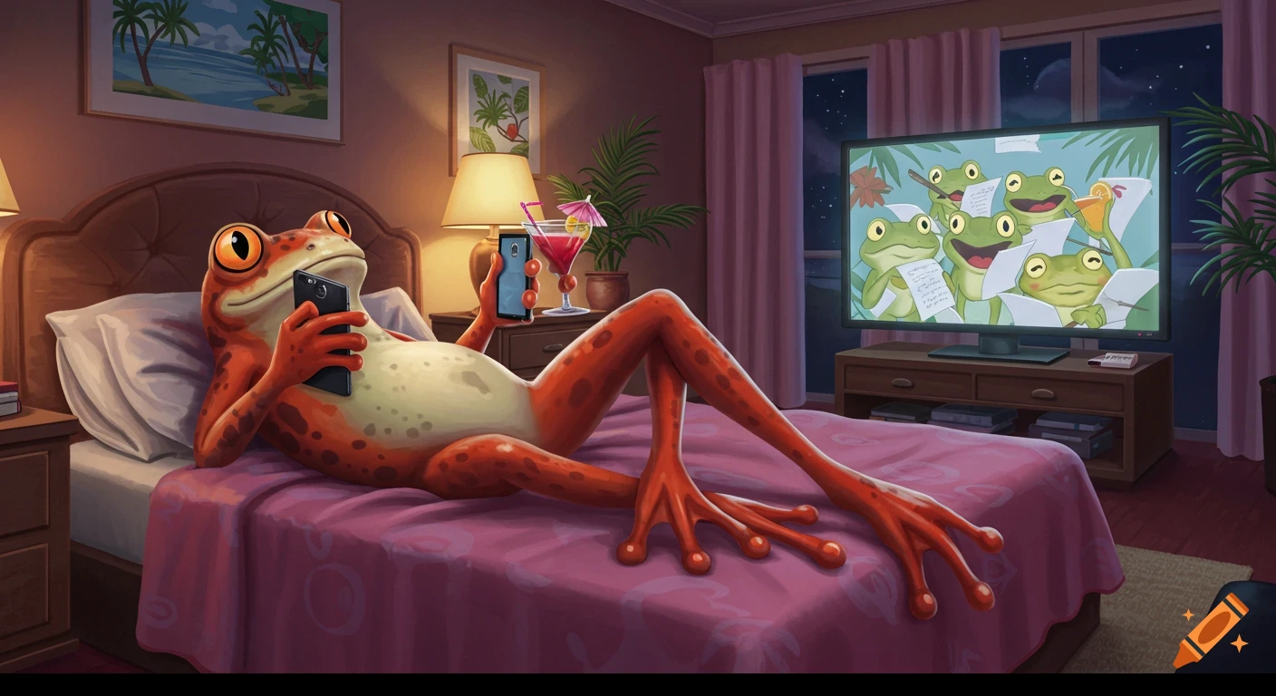 A cartoon frog lounges on a pink bed, looking at a phone, with a cocktail nearby. A TV in front shows other cartoon frogs writing on paper.