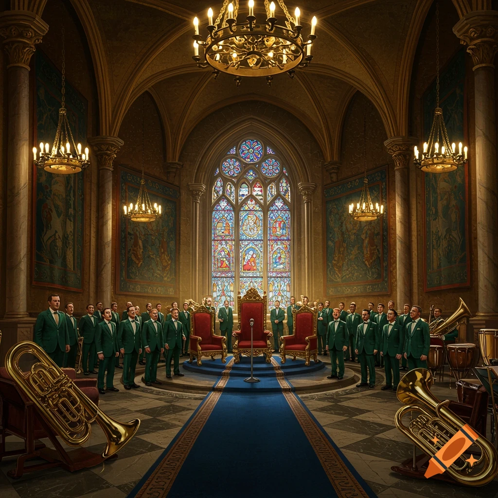 A grand, ornate throne room with men in green suits surrounding three red thrones, brass instruments, and a large stained glass window.