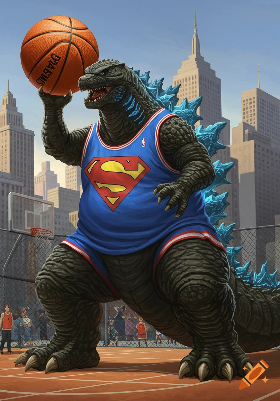 Godzilla in a blue Superman basketball jersey holding a basketball on a court in a city with skyscrapers.