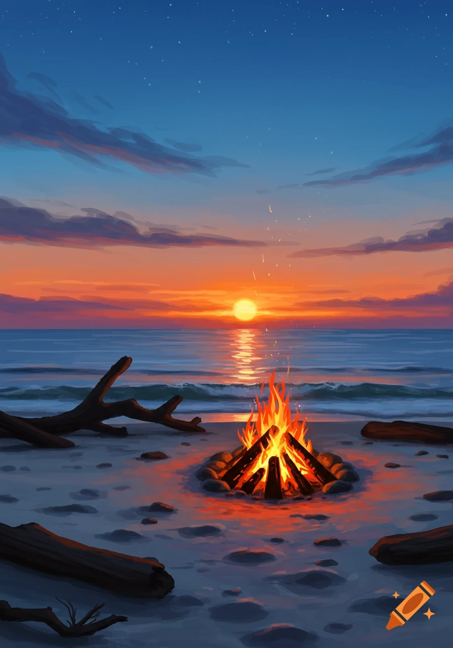 A stylized illustration of a cozy bonfire burning on a sandy beach during a vibrant sunset over the ocean.