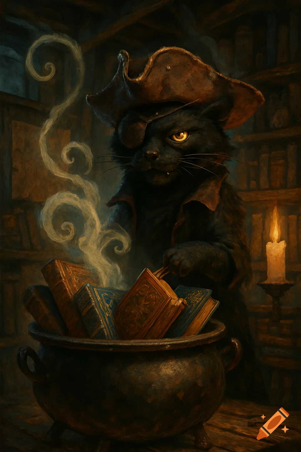 A black cat in a pirate hat and eye patch stirs old books in a smoking cauldron, lit by a candle in a dark, book-filled room.