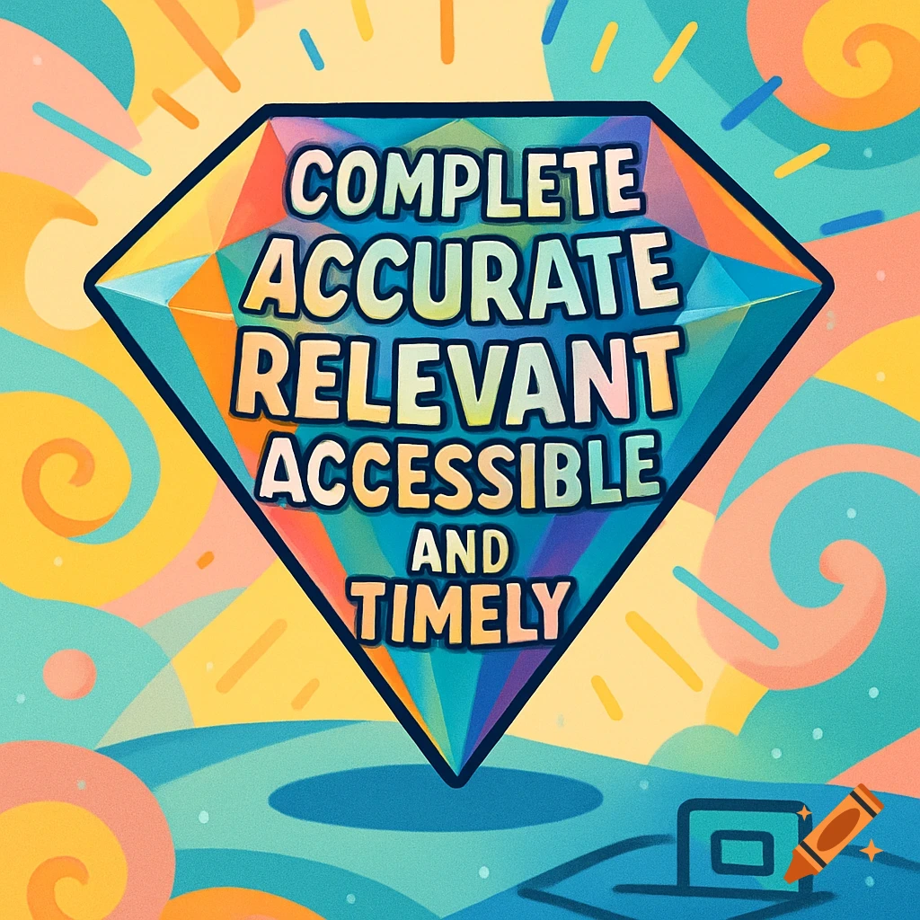 A colorful cartoon diamond with the words COMPLETE, ACCURATE, RELEVANT, ACCESSIBLE, AND TIMELY, surrounded by abstract swirls.