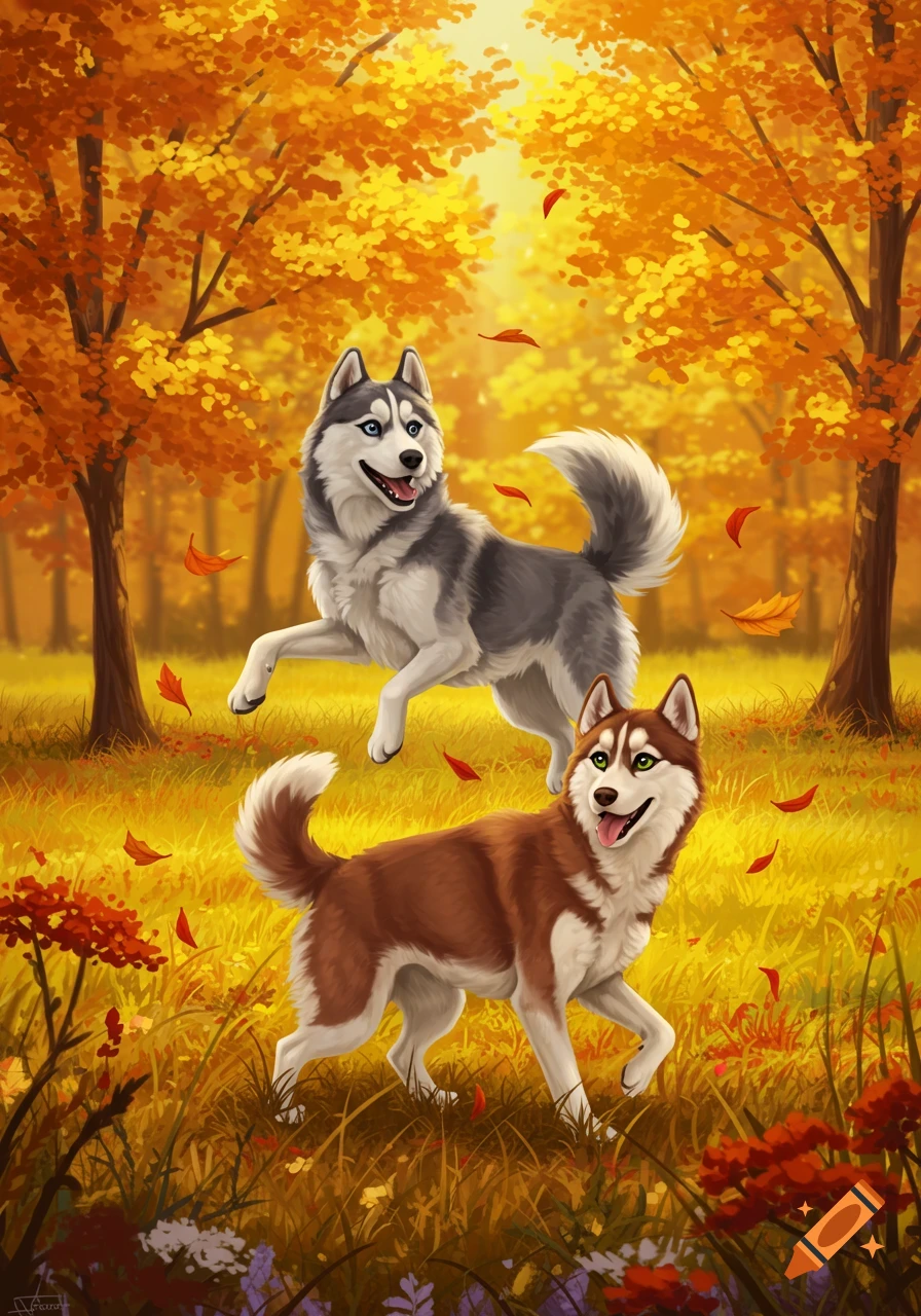 A grey and a brown husky frolic playfully in a vibrant, sunlit autumn forest with golden leaves, in a digital painting style.