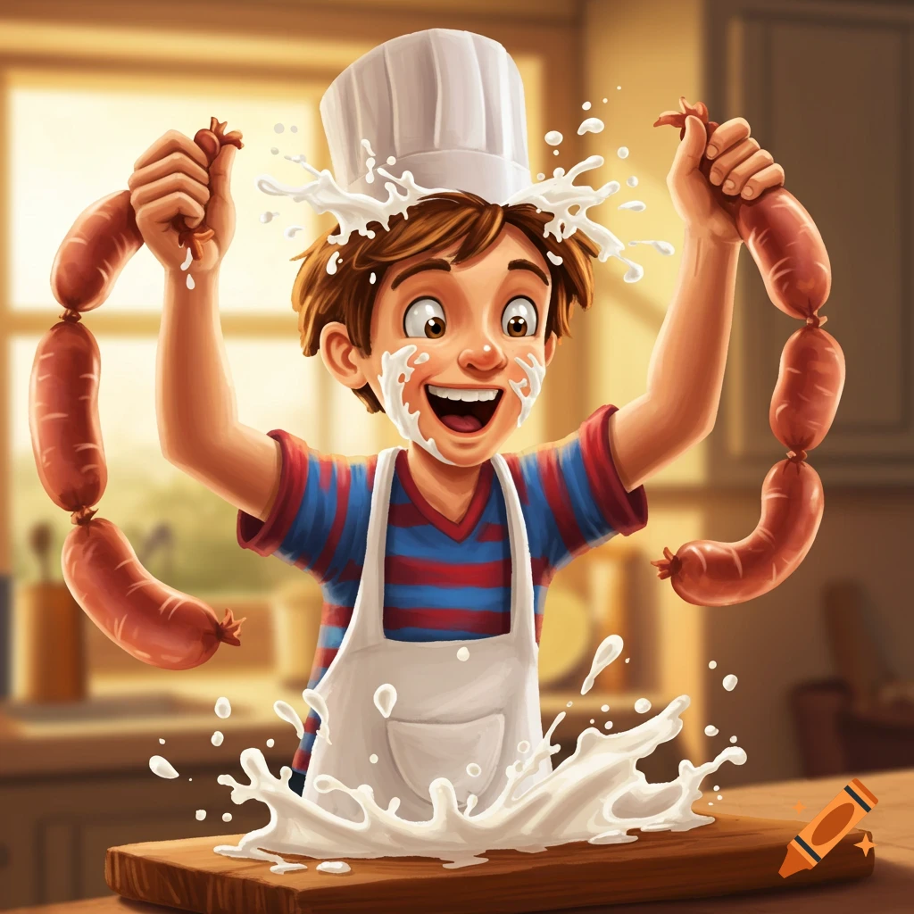 A happy cartoon boy in a chef's hat and apron holds sausages, with milk splashing on his face and a cutting board.