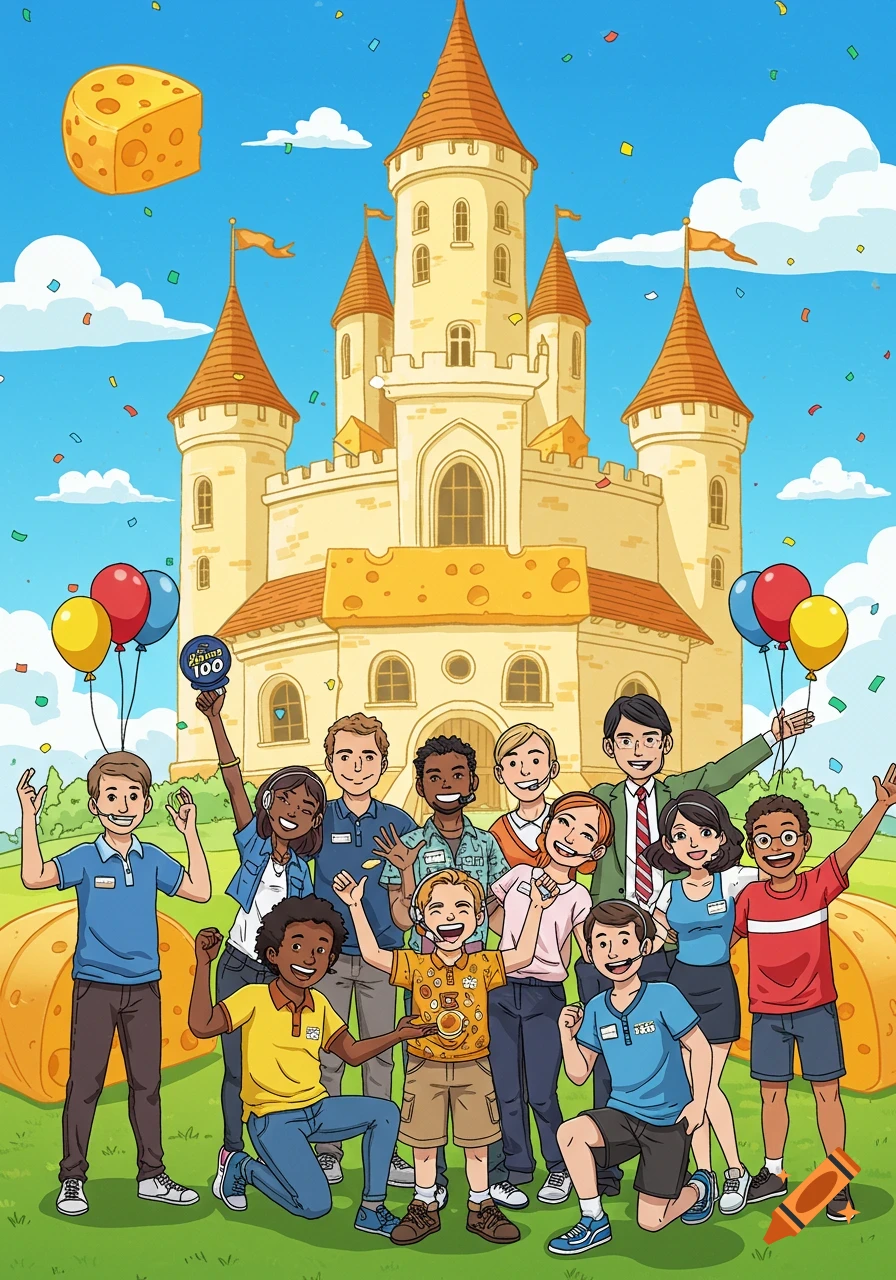 A diverse team of cartoon customer service representatives celebrate in front of a whimsical cheese-themed castle with balloons and confetti.