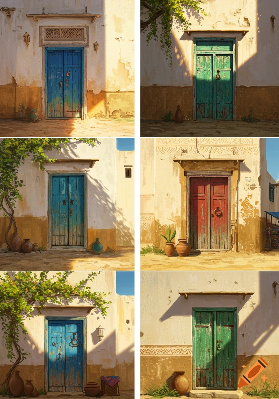 Six painterly images of weathered, colorful doors set in sun-drenched, decaying off-white buildings with potted plants and vines.