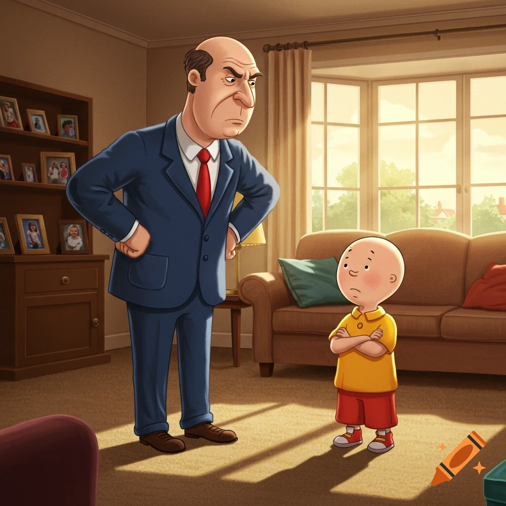 A stern bald man in a suit looks down at a sad bald boy with crossed arms in a cartoon living room.