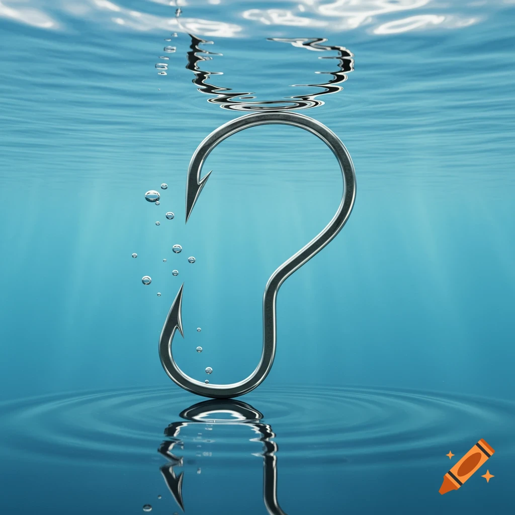 A photorealistic image of a fishing hook shaped like a question mark, partially submerged in clear blue water with ripples.