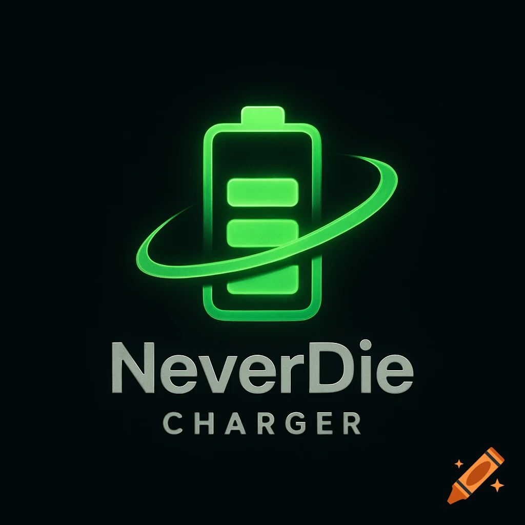 A modern, sleek logo with a glowing green battery symbol, a green swoosh, and the text 'NeverDie CHARGER' in silver on a black background.
