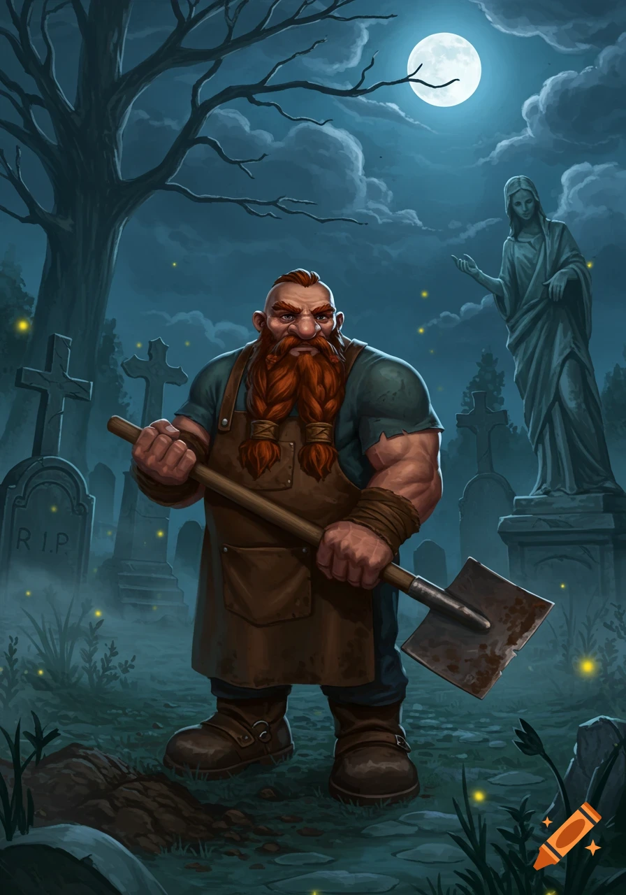 A strong dwarf gravedigger with a braided red beard holds a shovel in a misty, moonlit graveyard with tombstones and a statue.