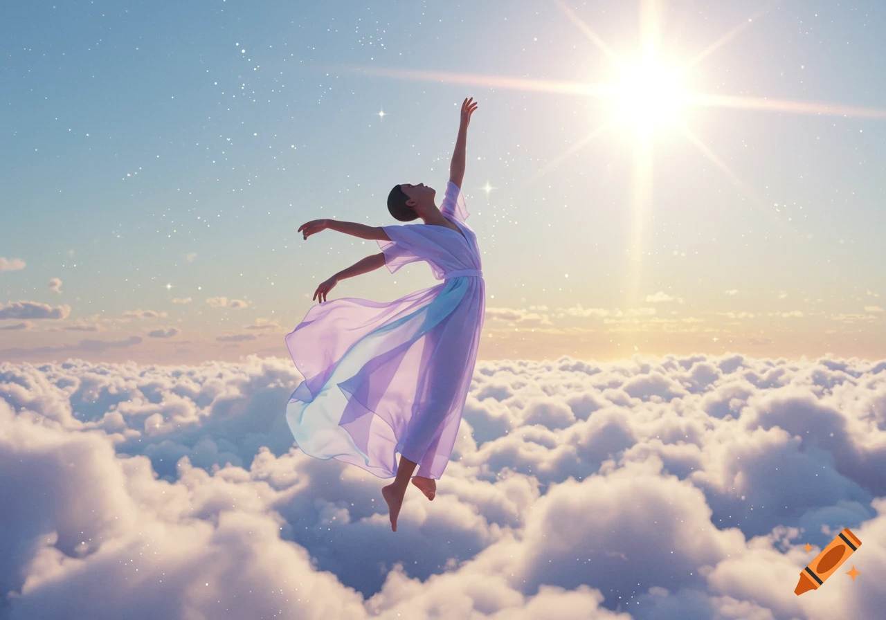 A person in a flowing purple dress floats gracefully above clouds, reaching towards a bright sun in a star-speckled sky.