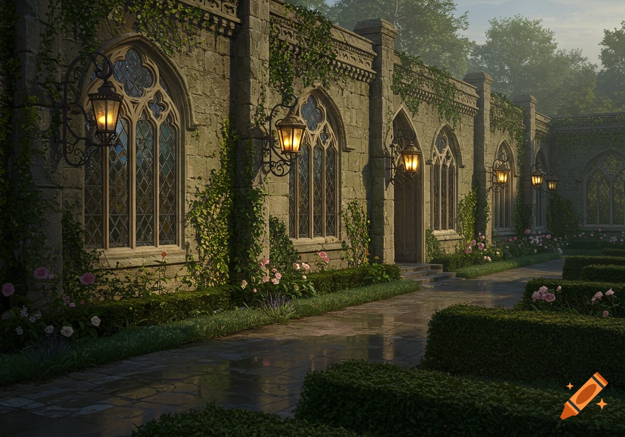 A stone wall of an English manor, covered in ivy, with arched windows and glowing lanterns, surrounded by a lush garden with pink roses and manicured hedges.