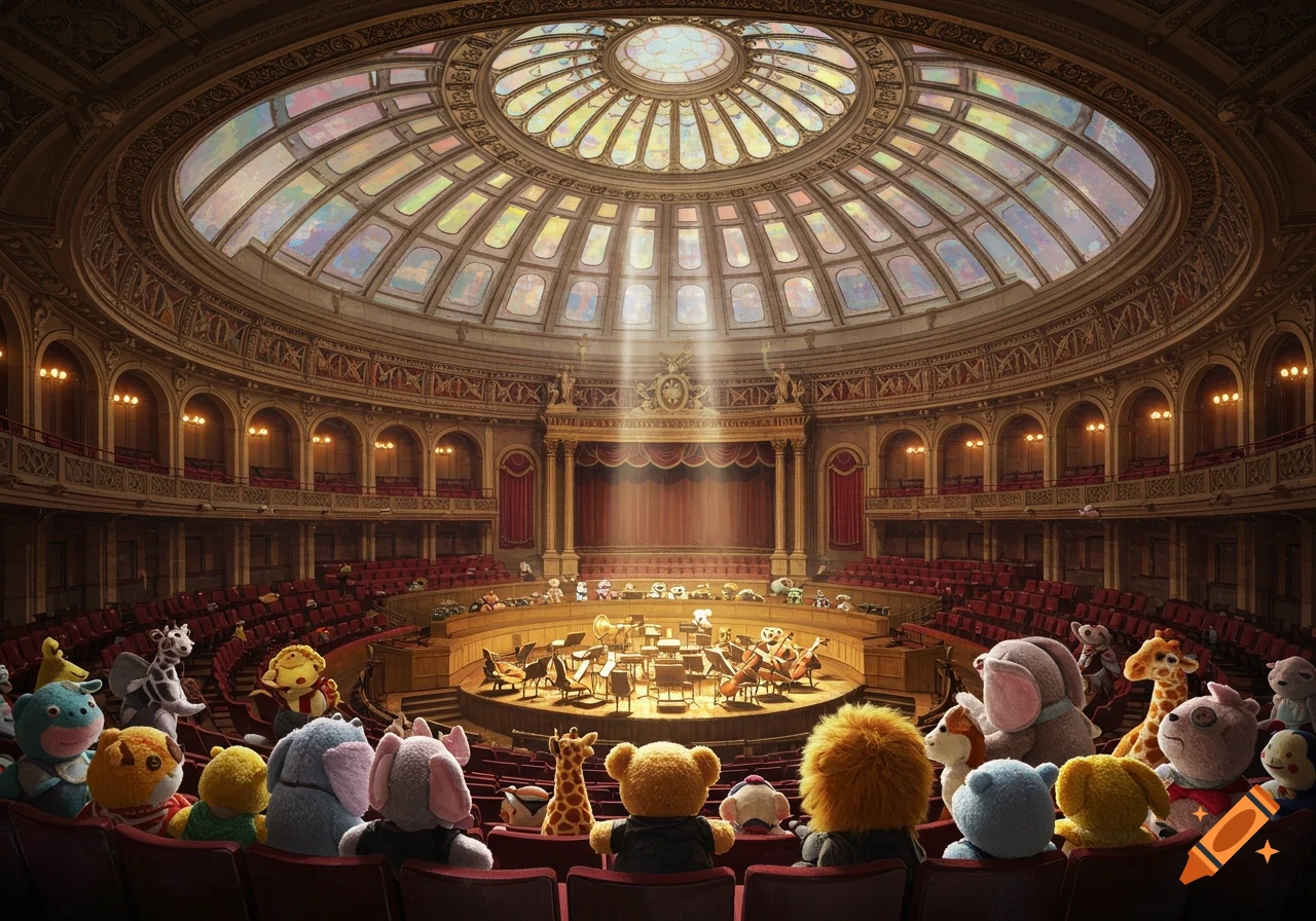 Plush animal audience watches an orchestra of plushies playing instruments in a grand, ornate concert hall with a stained-glass dome.