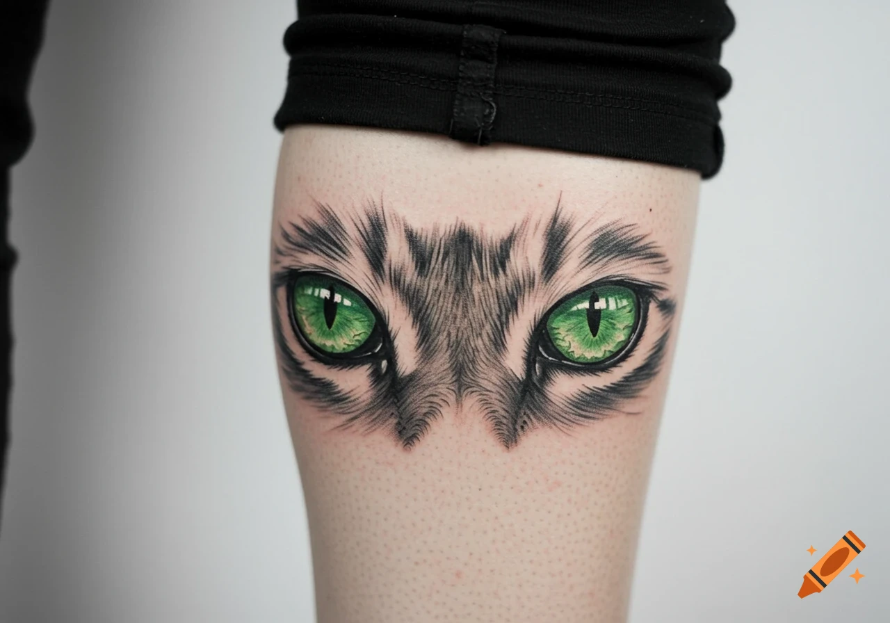 Close-up of a realistic tattoo of vibrant green cat eyes with fur details on a person's leg.