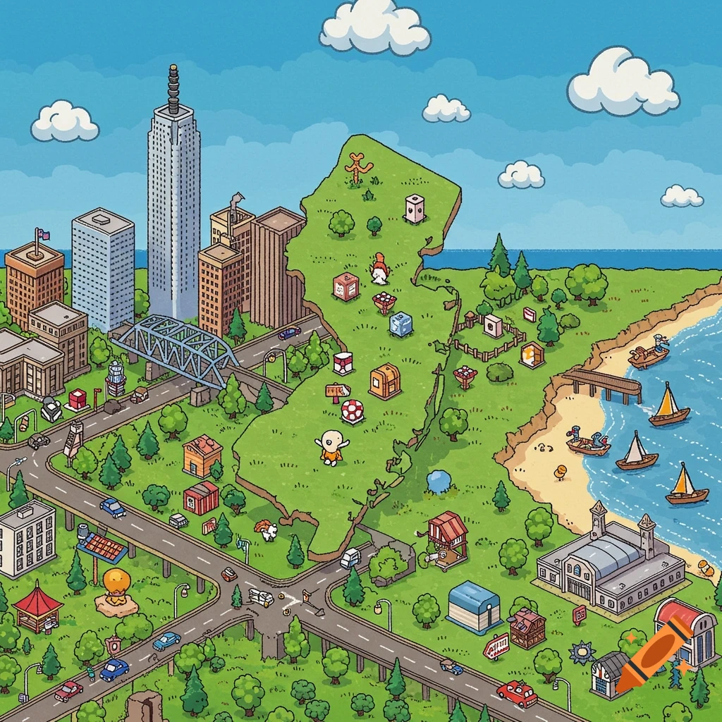 Isometric cartoon map of New Jersey with a city, roads, bridges, coastline, boats, and a green landscape filled with game-like elements.