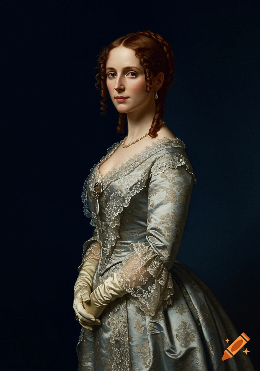 Oil painting of a Victorian woman with reddish-brown curly hair, wearing a pearl necklace, a light blue brocade dress with lace, and long gloves.