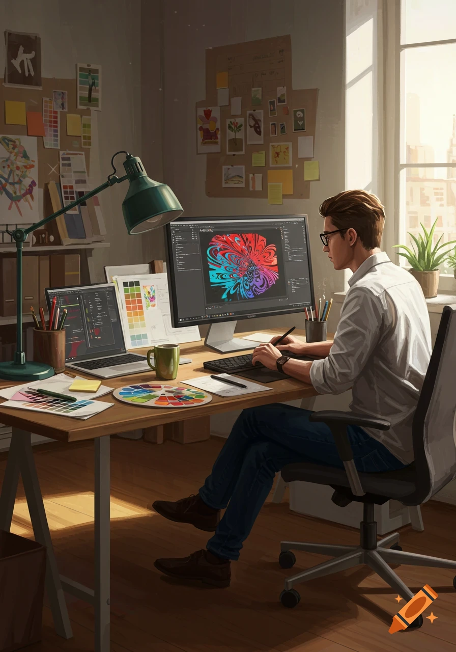A graphic designer works at a desk, looking at monitors displaying colorful abstract art, in a sunlit creative office.