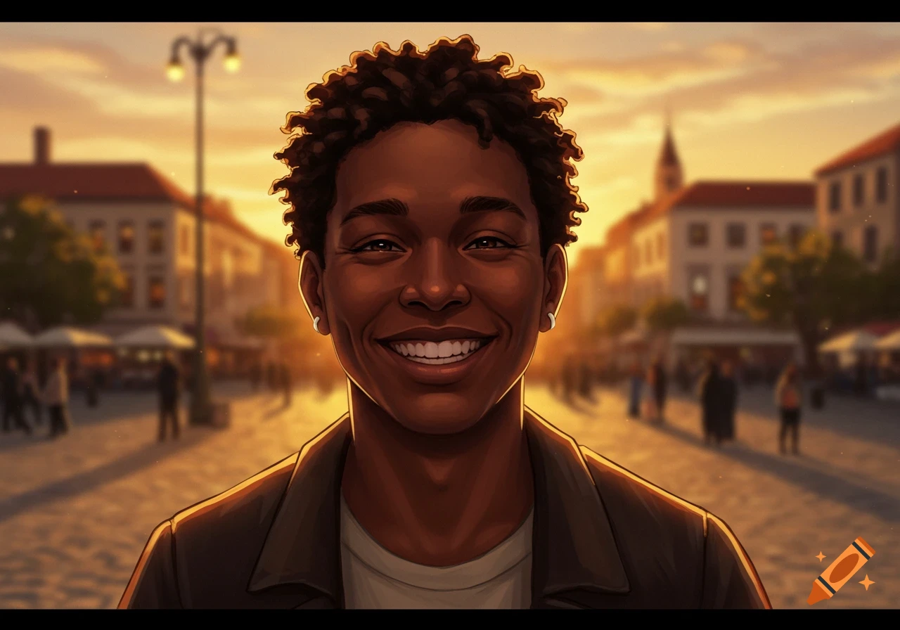 Stylized illustration of a smiling young Black person with curly hair, looking at the viewer in a sunlit city street.