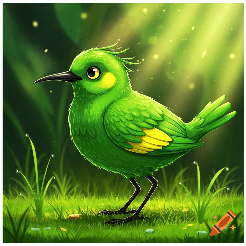 A stylized green bird with a black beak and yellow markings stands in bright green grass, with light rays in the background.