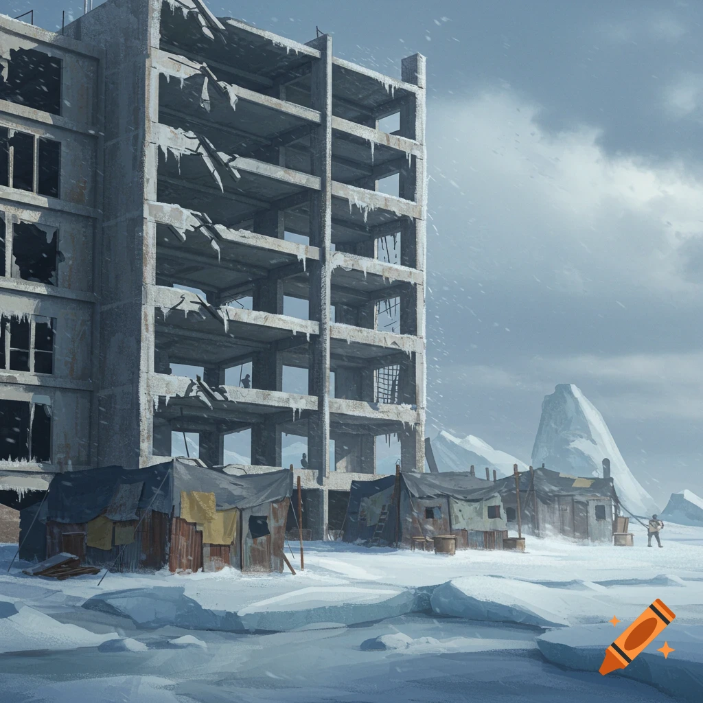 A desolate, snow-covered post-apocalyptic landscape with a ruined, half-demolished building and makeshift shelters in the arctic.