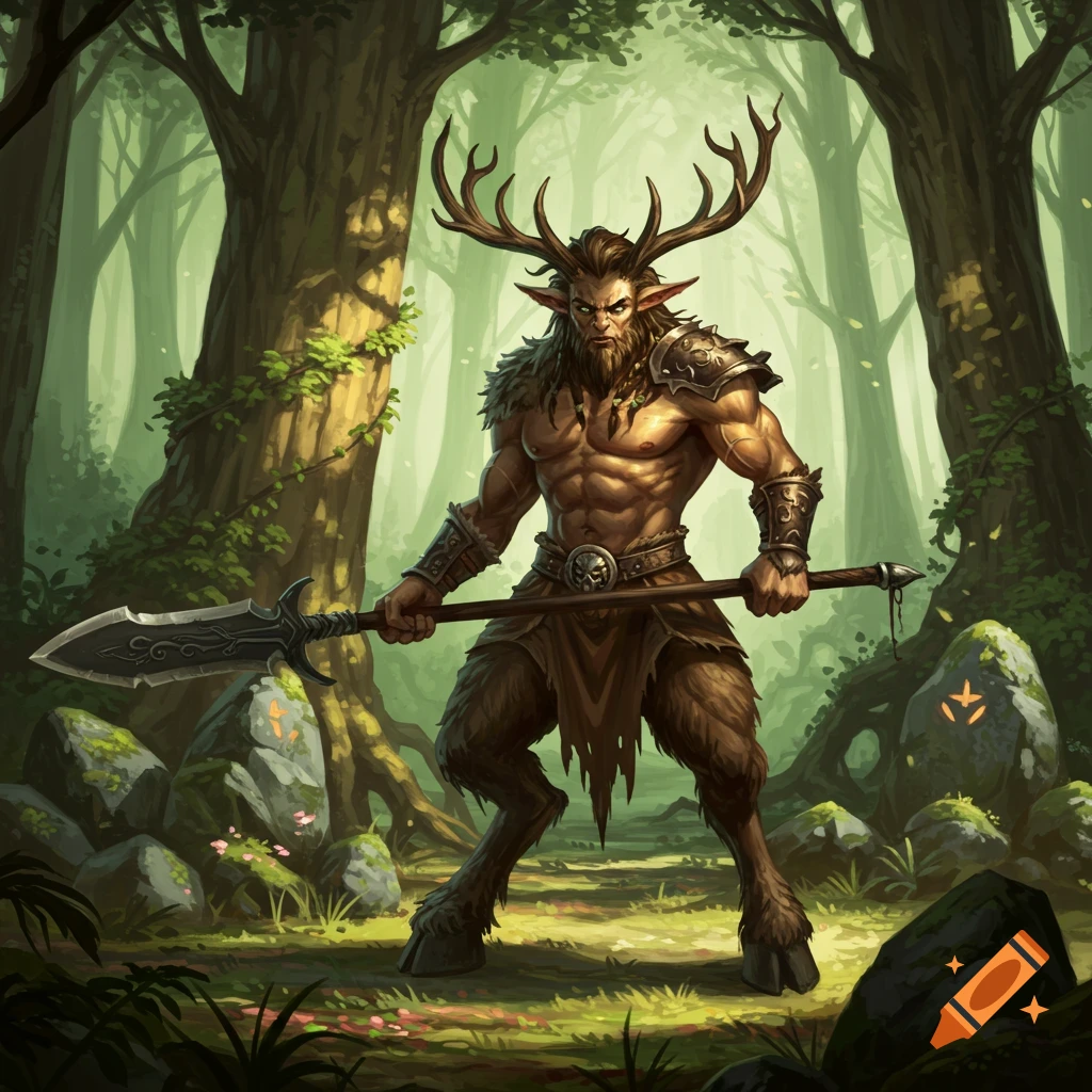 A muscular satyr barbarian with large antlers and deer legs stands in a forest, holding a glaive.