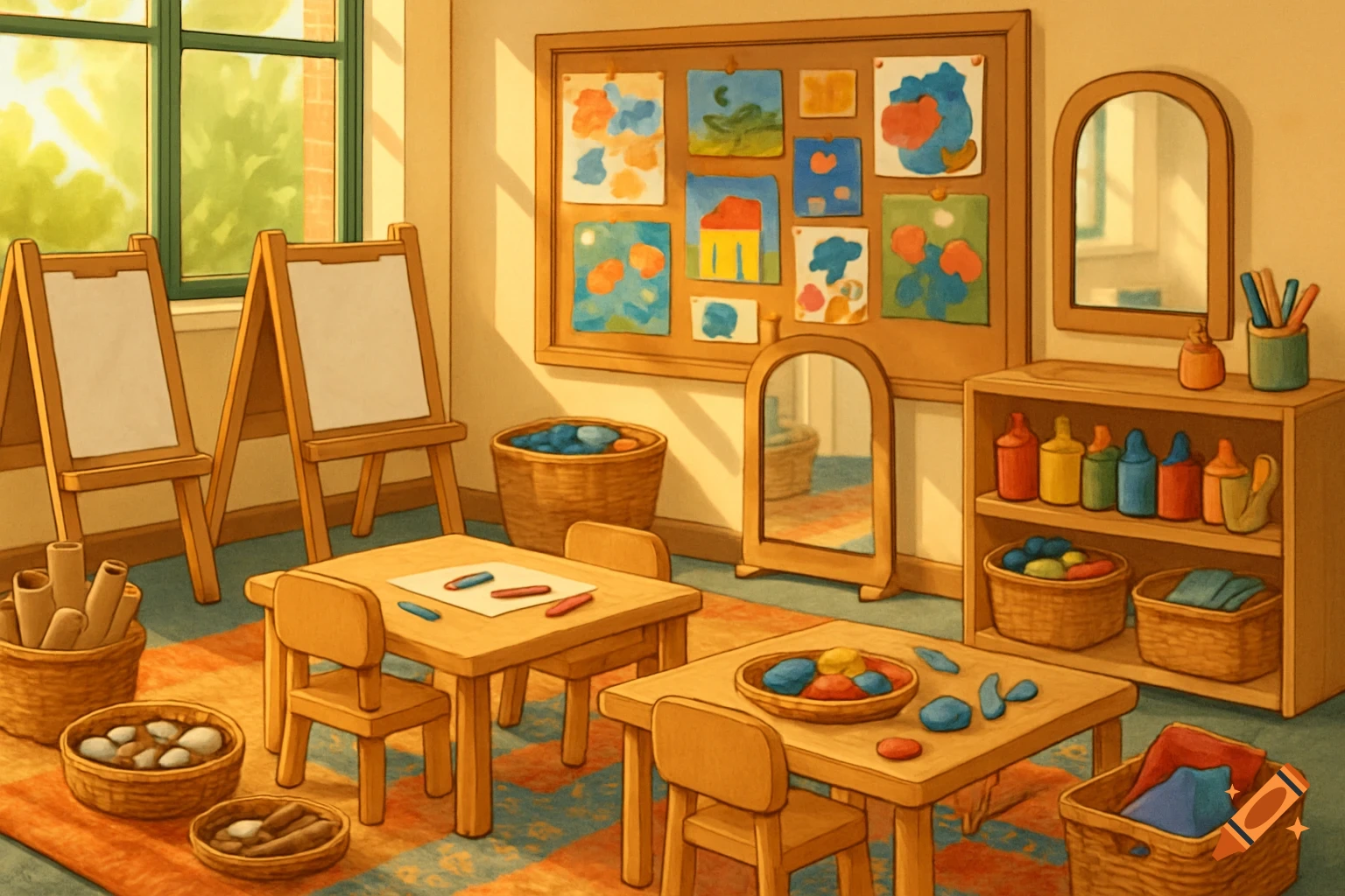 A brightly lit preschool art corner with child-sized tables, easels, a bulletin board with artwork, and baskets of art supplies.