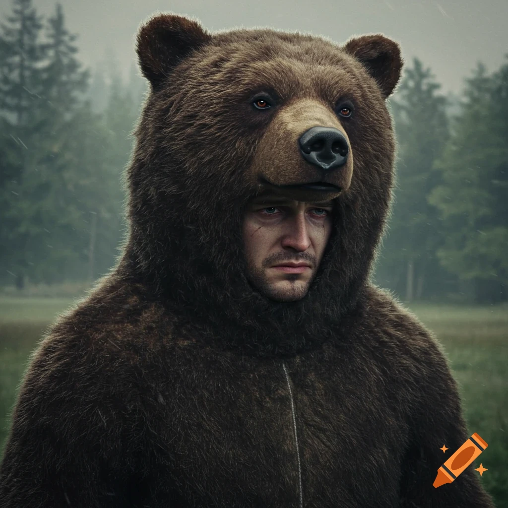 A photorealistic image of a sad man wearing a realistic bear costume, standing outdoors in a forest.